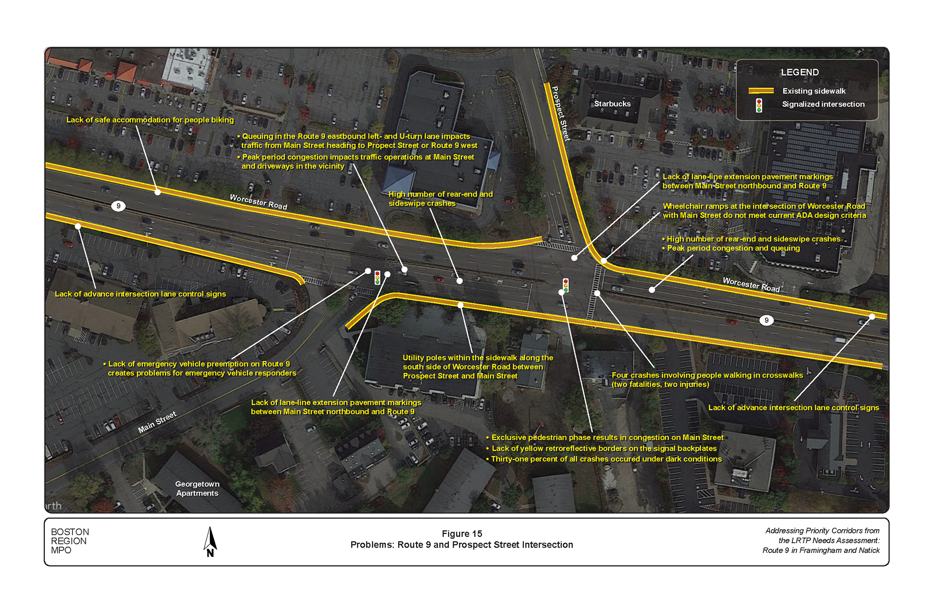 Figure 15 is an aerial photo showing the intersection of Route 9 and Prospect Street and the problems